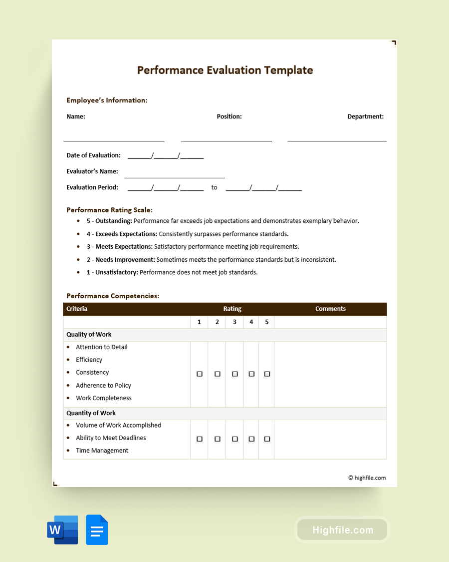 Performance Evaluation Template - Word, Google Docs
