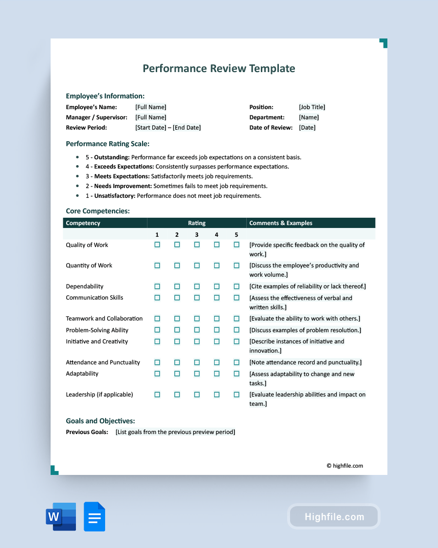 Performance Review Template - Word, Google Docs