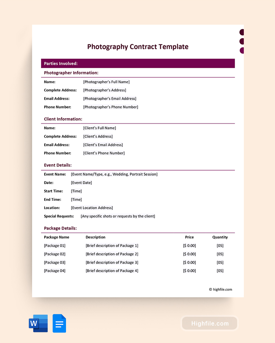 Photography Contract Template - Word, Google Docs
