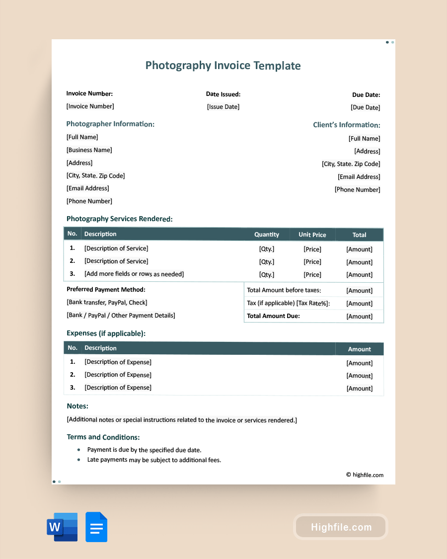 Photography Invoice Template - Word, Google Docs