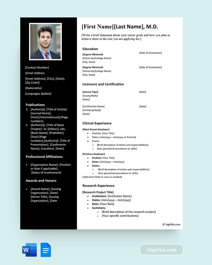 Physician CV Template - Word, Google Docs
