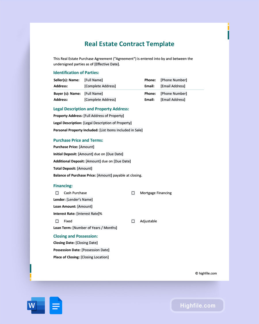 Real Estate Contract Template - Word, Google Docs