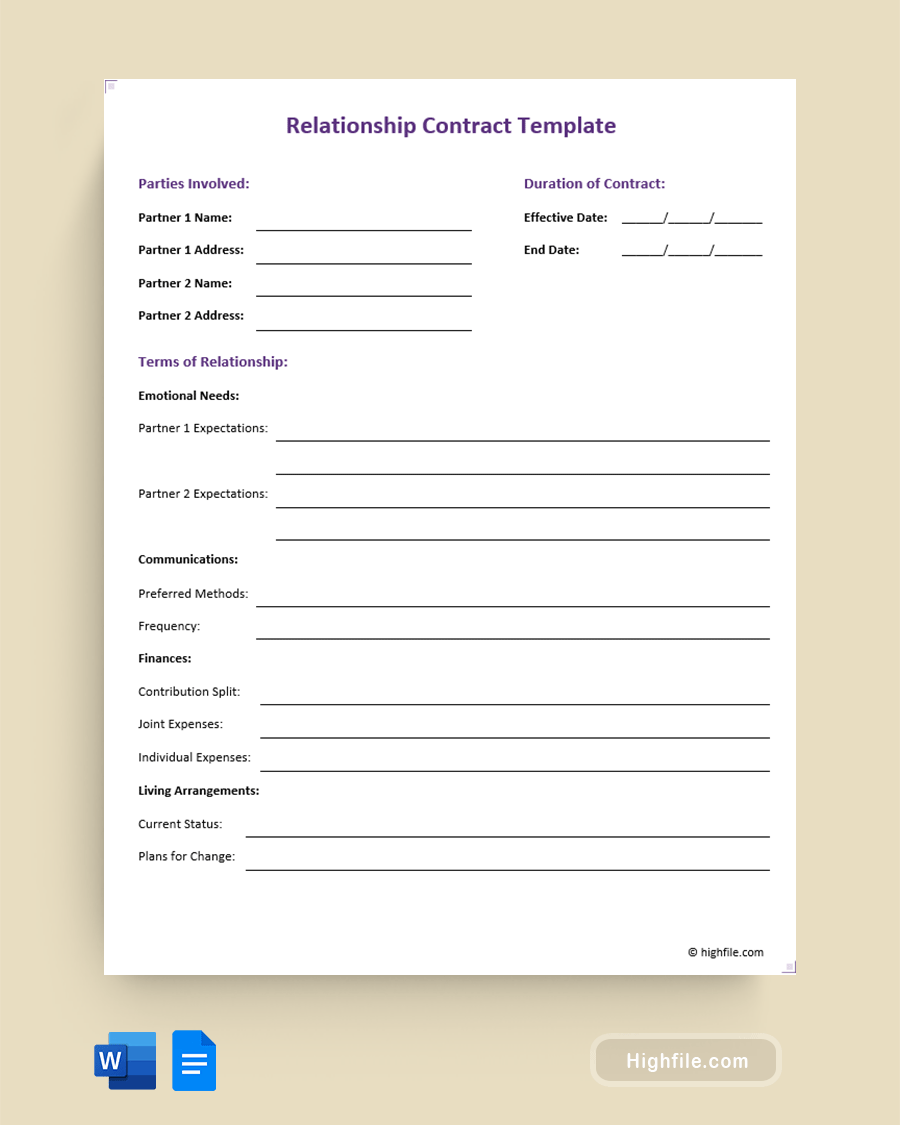 Relationship Contract Template - Word, Google Docs