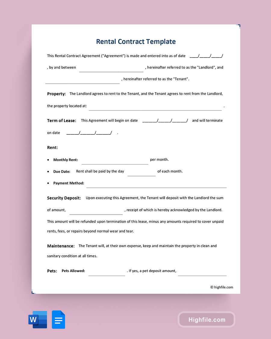 Rental Contract Template - Word, Google Docs