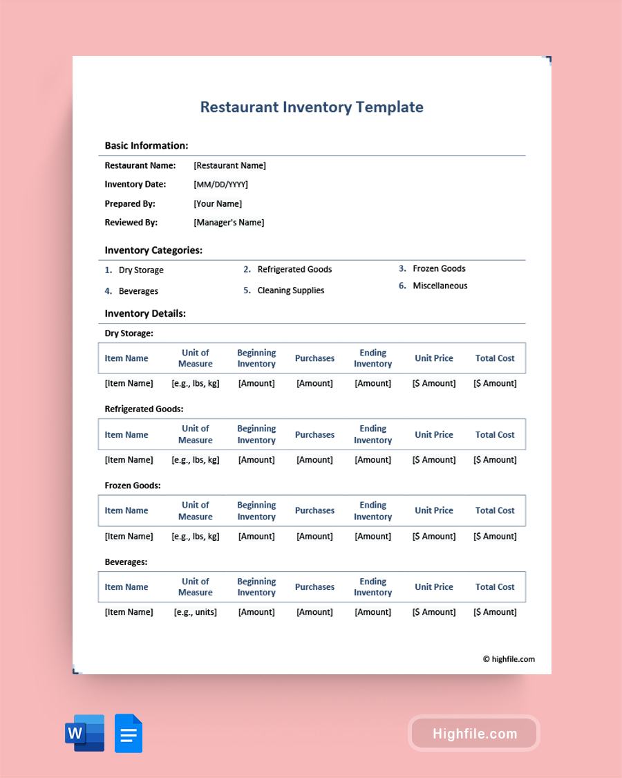 Restaurant Inventory Template - Word, Google Docs