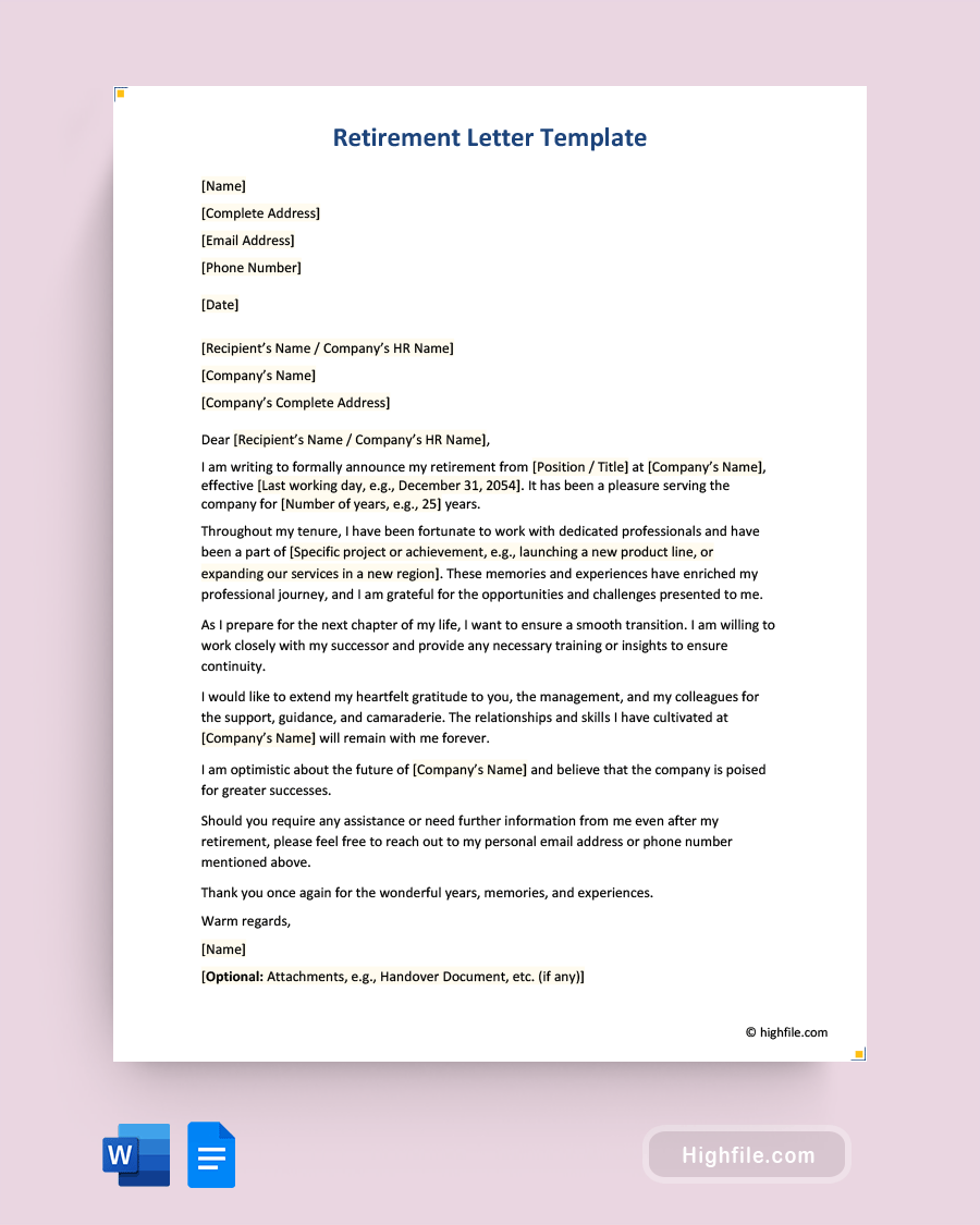 Retirement Letter Template - Word, Google Docs