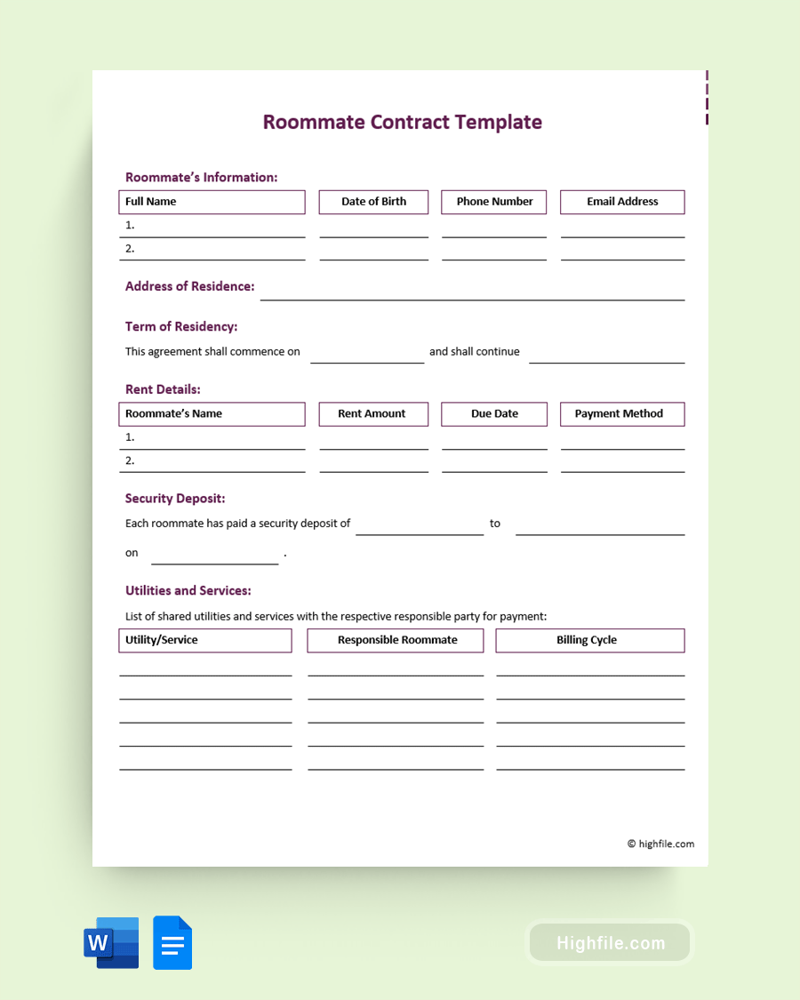Roommate Contract Template - Word, Google Docs