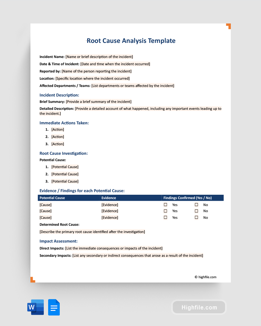 Root Cause Analysis Template - Word, Google Docs