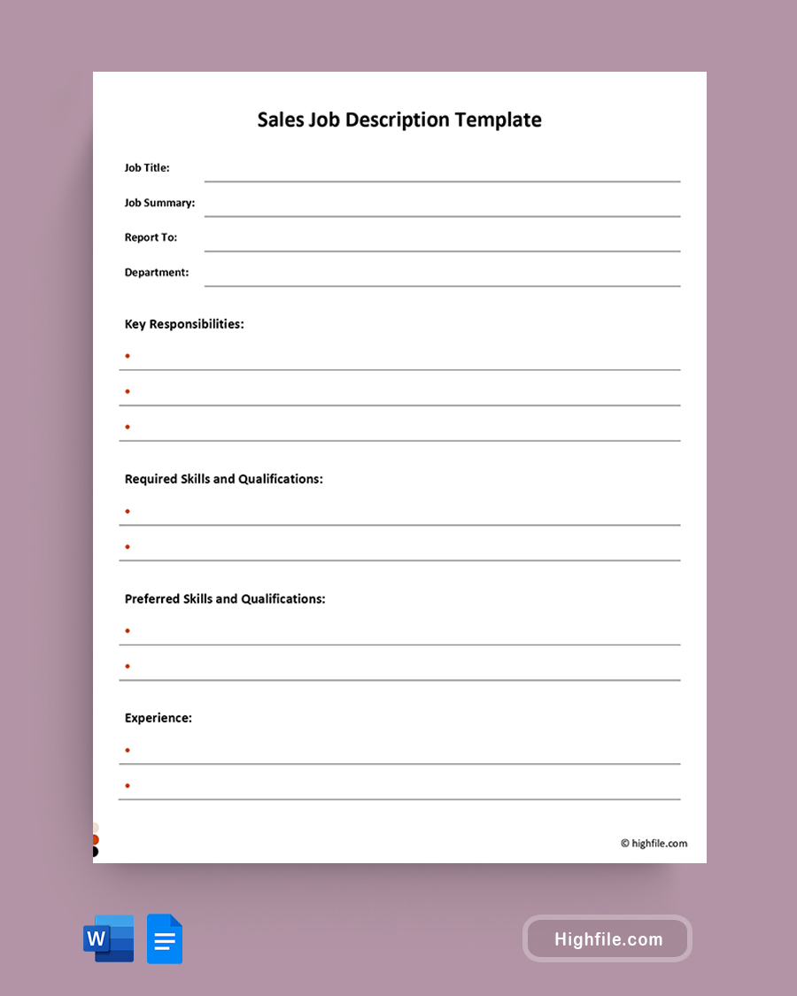 Sales Job Description Template - Word, Google Docs