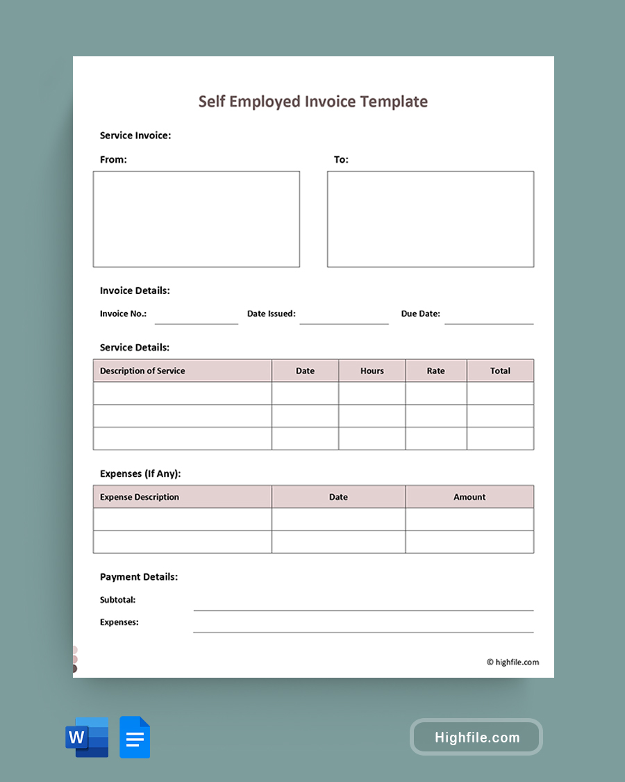 Self Employed Invoice Template - Word, Google Docs
