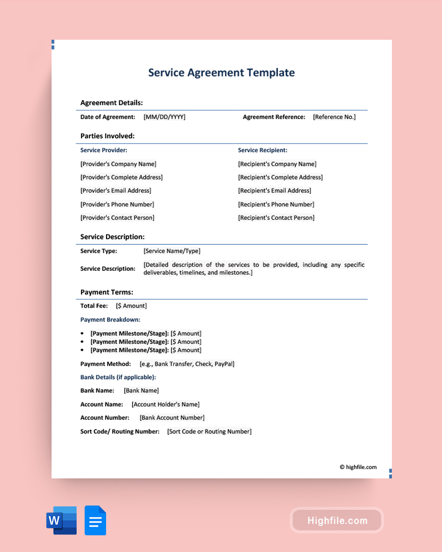 Service Agreement Template - Word, Google Docs