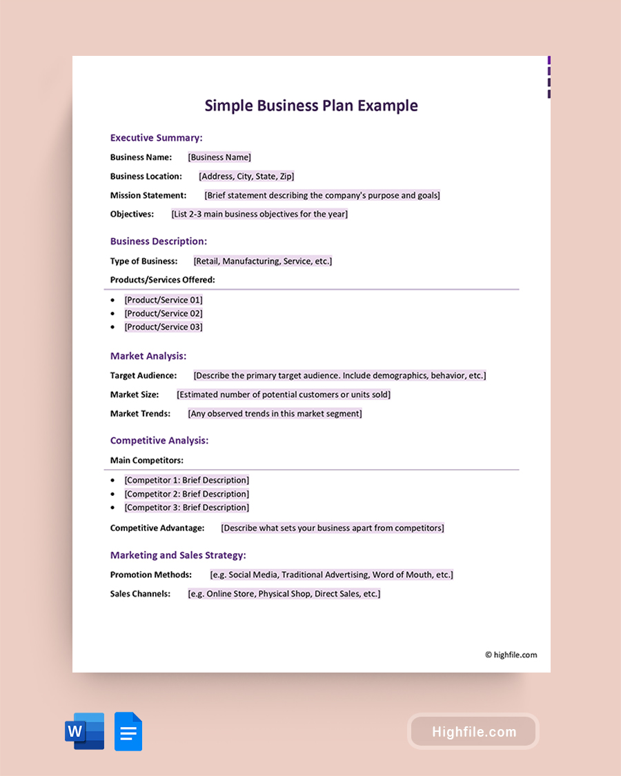 Simple Business Plan Example - Word, Google Docs