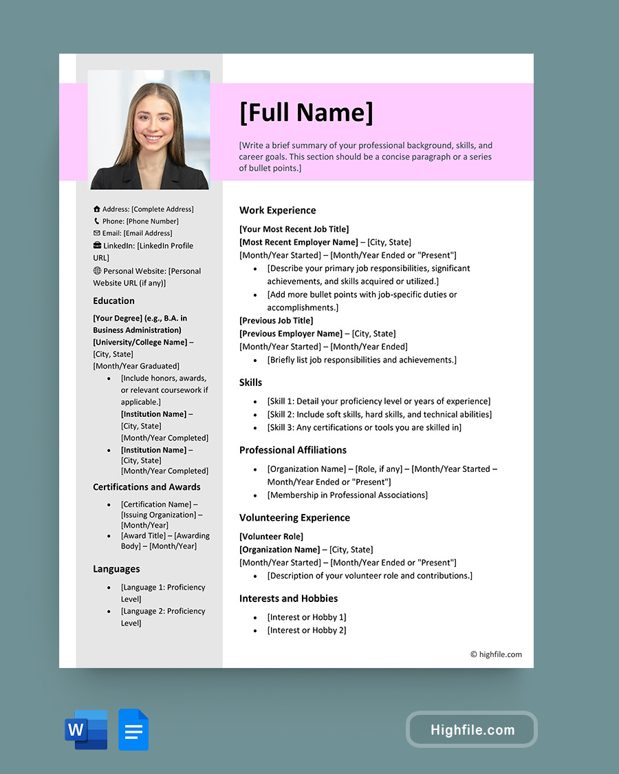 Simple CV Template - Word, Google Docs