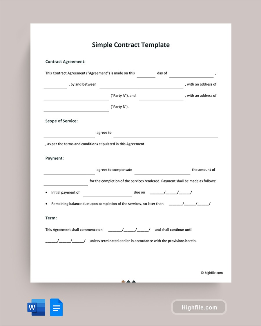 Simple Contract Template - Word, Google Docs