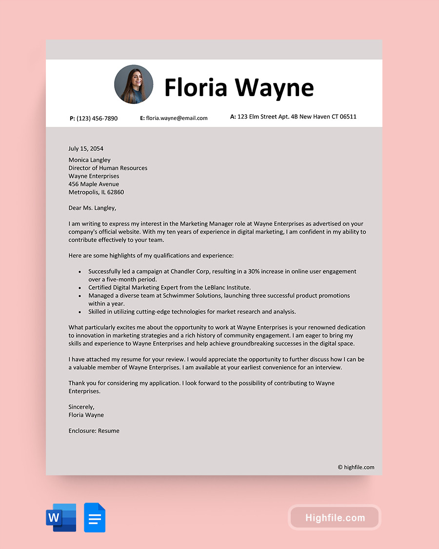 Simple Cover Letter - Word, Google Docs