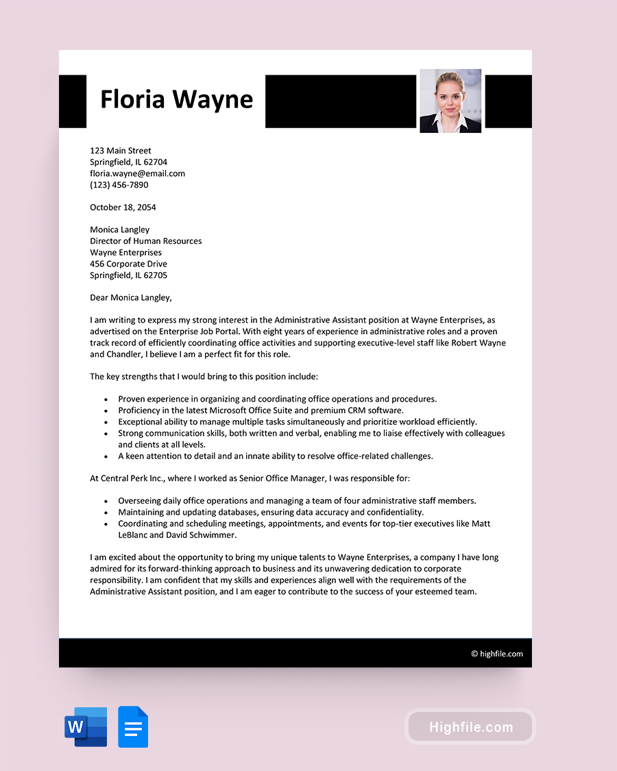 Simple Cover Letter for Administrative Assistant - Word, Google Docs