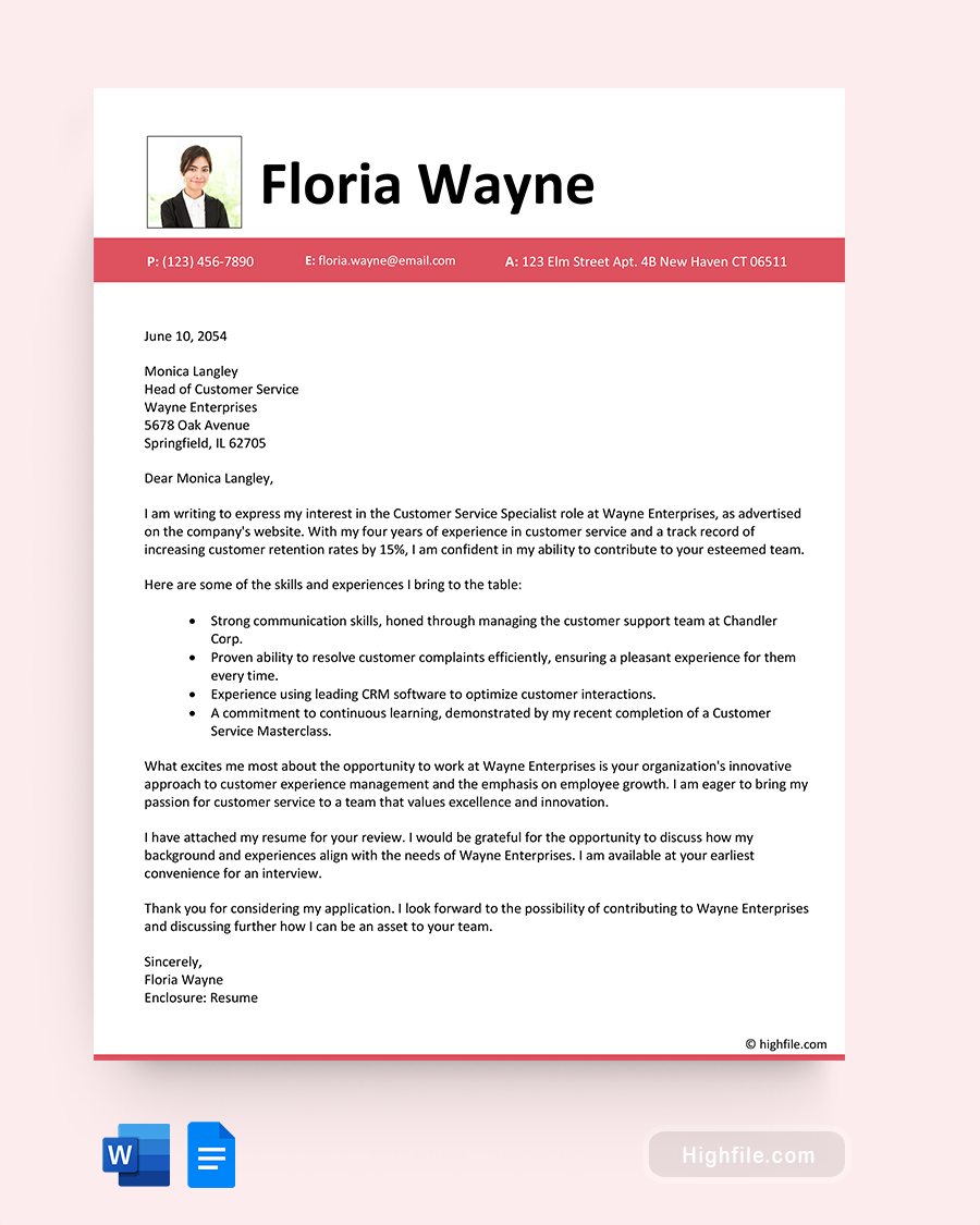 Simple Cover Letter for Customer Service - Word, Google Docs