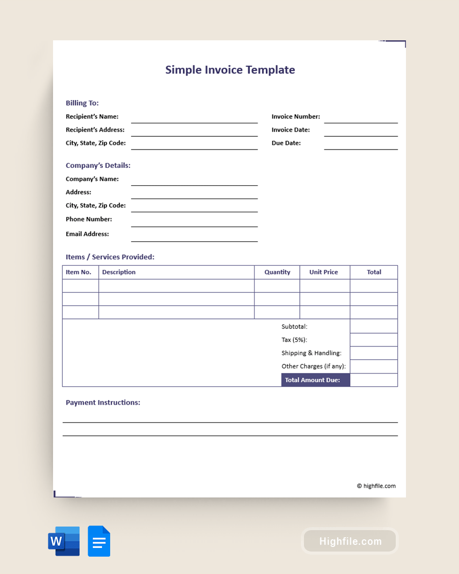 Simple Invoice Template - Word, Google Docs