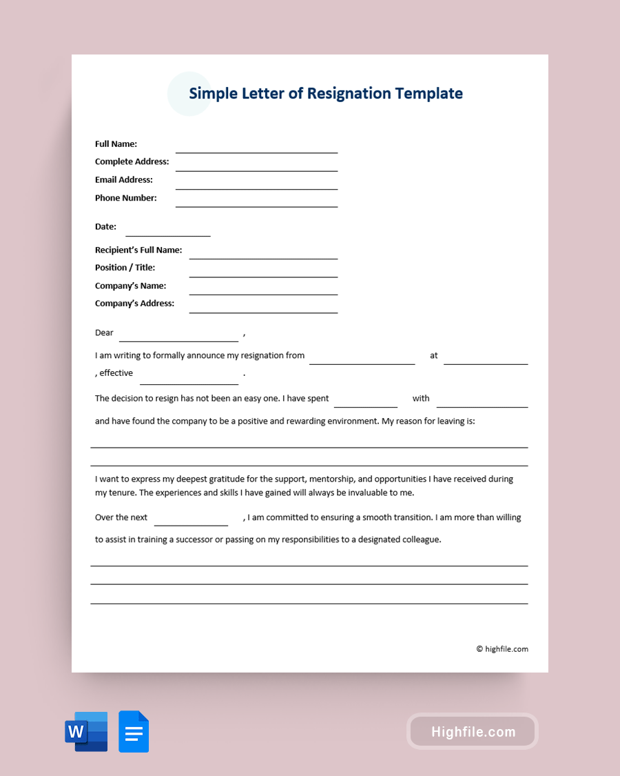 Simple Letter of Resignation Template - Word, Google Docs