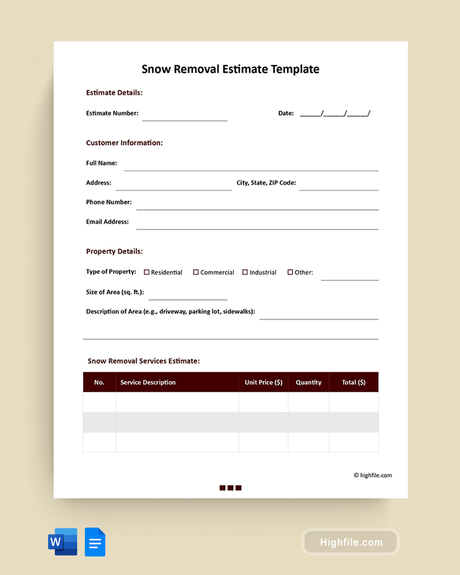 Snow Removal Estimate Template - Word, Google Docs