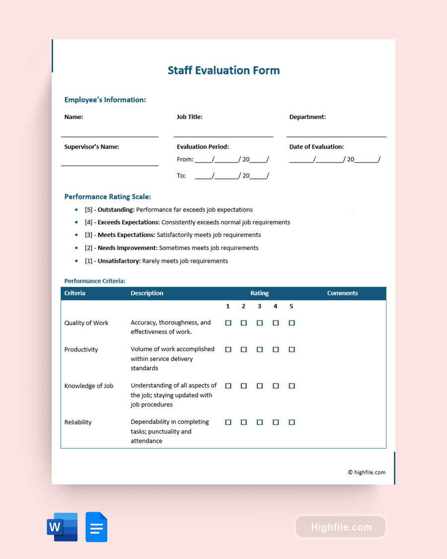 Staff Evaluation Form - Word, Google Docs