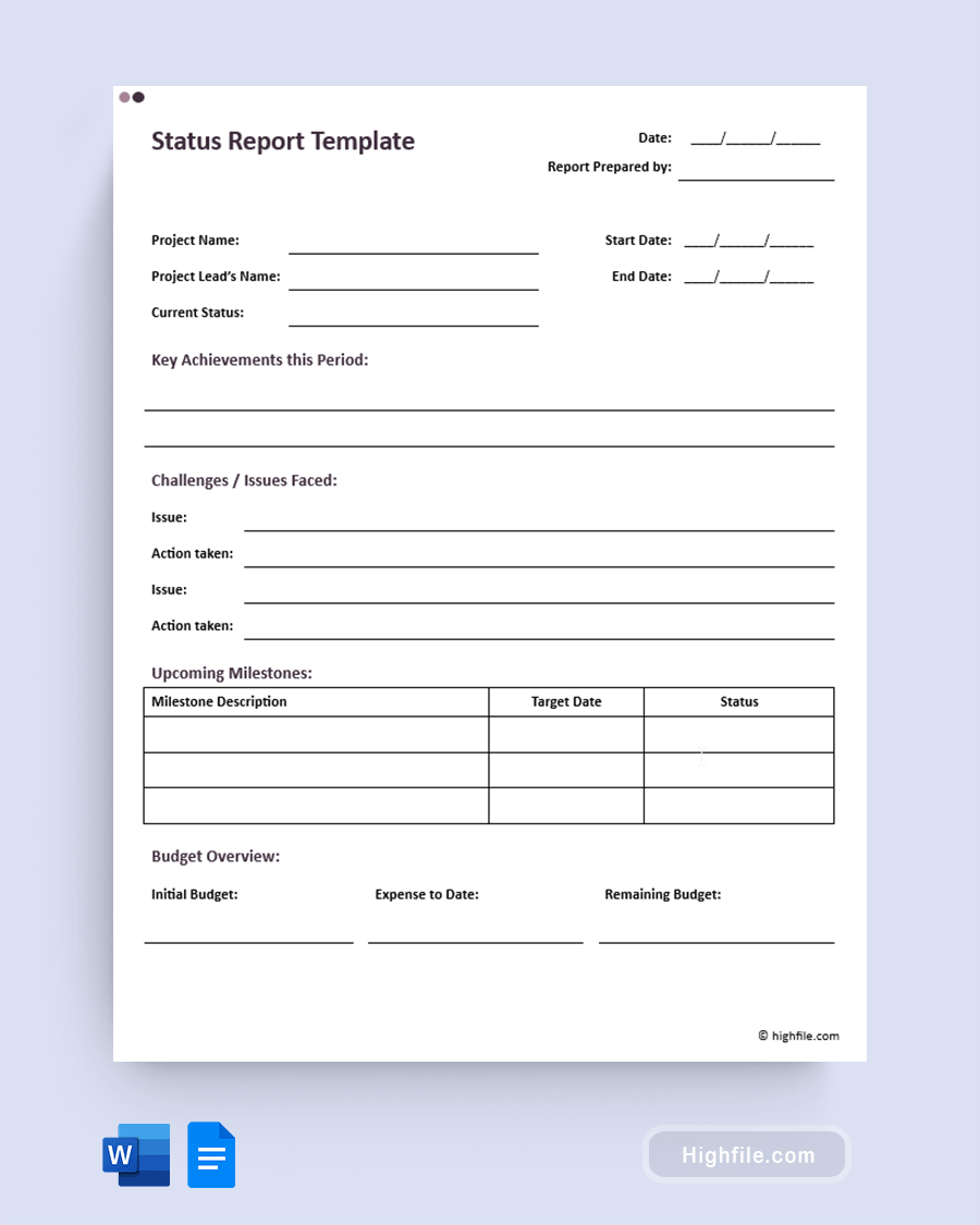 Status Report Template - Word, Google Docs