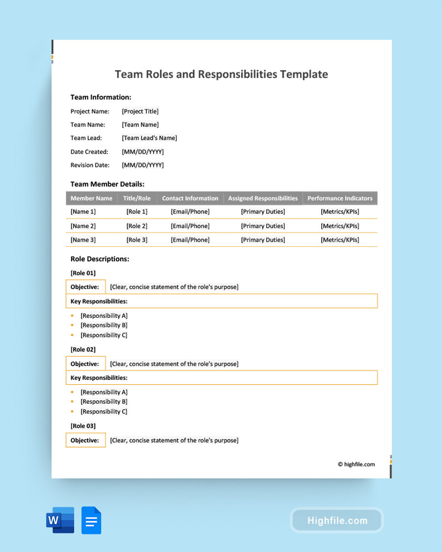 Team Roles and Responsibilities Template - Word, Google Docs