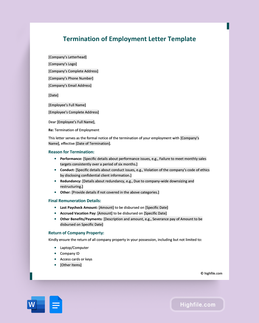 Termination of Employment Letter Template - Word, Google Docs