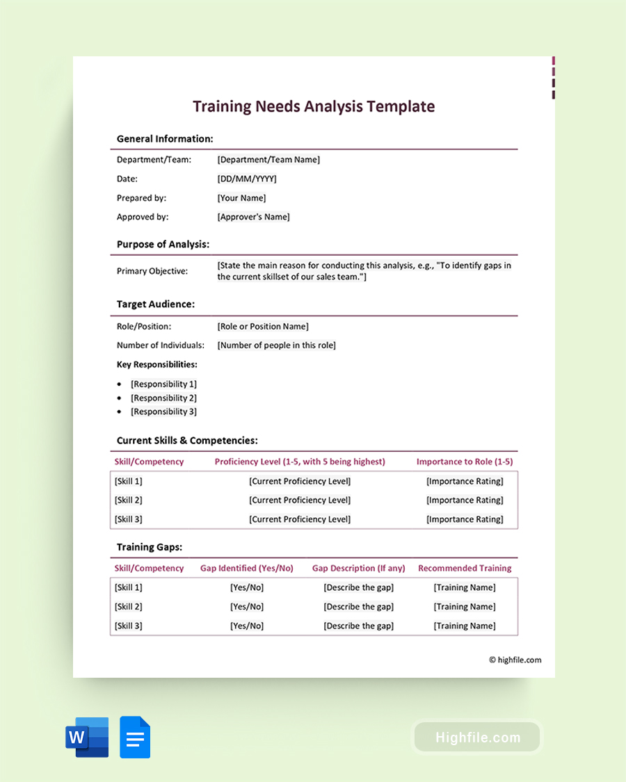 Training Needs Analysis Template - Word, Google Docs