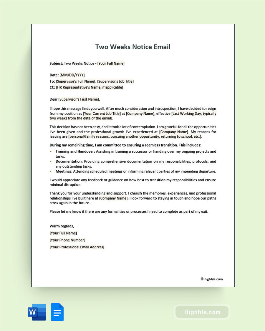 Two Weeks Notice Email - Word, Google Docs
