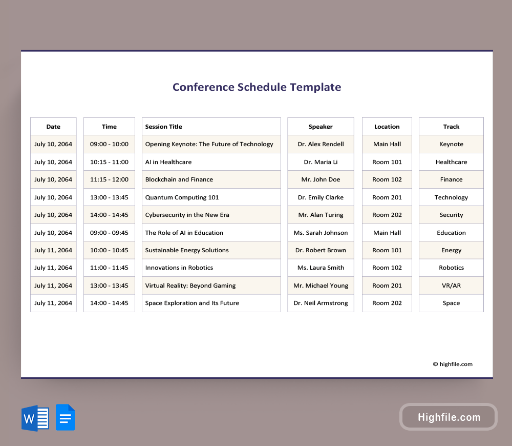 Conference Schedule Template - Word, Google Docs