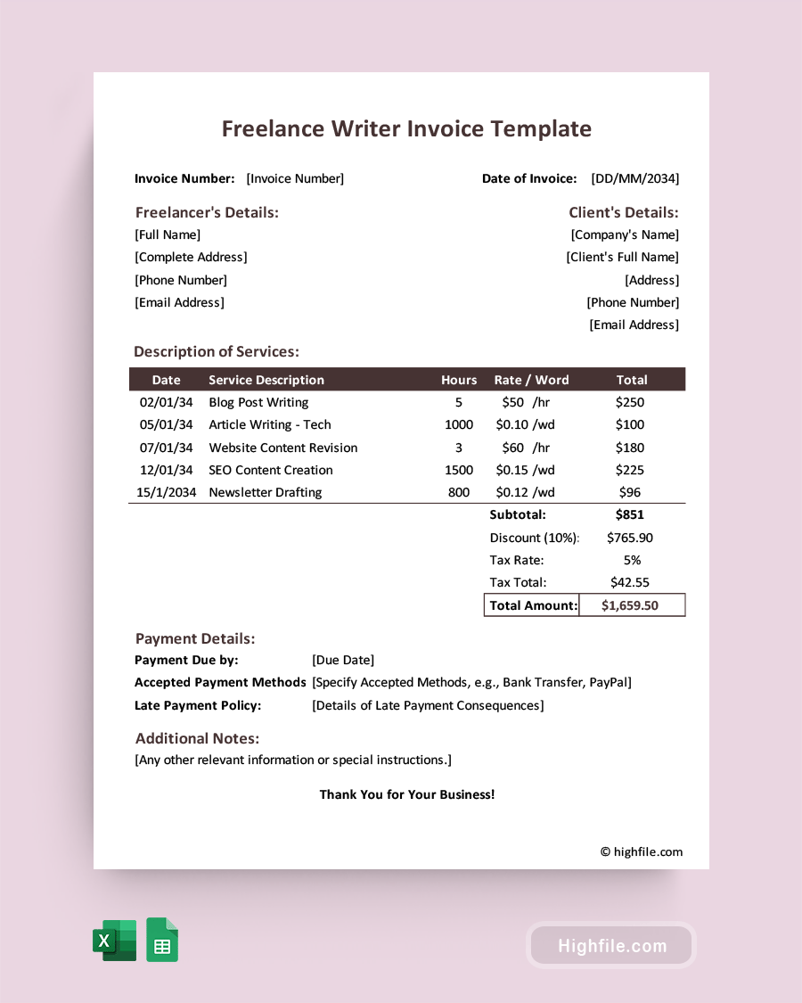 Freelance Writer Invoice Template - Excel, Google Sheets