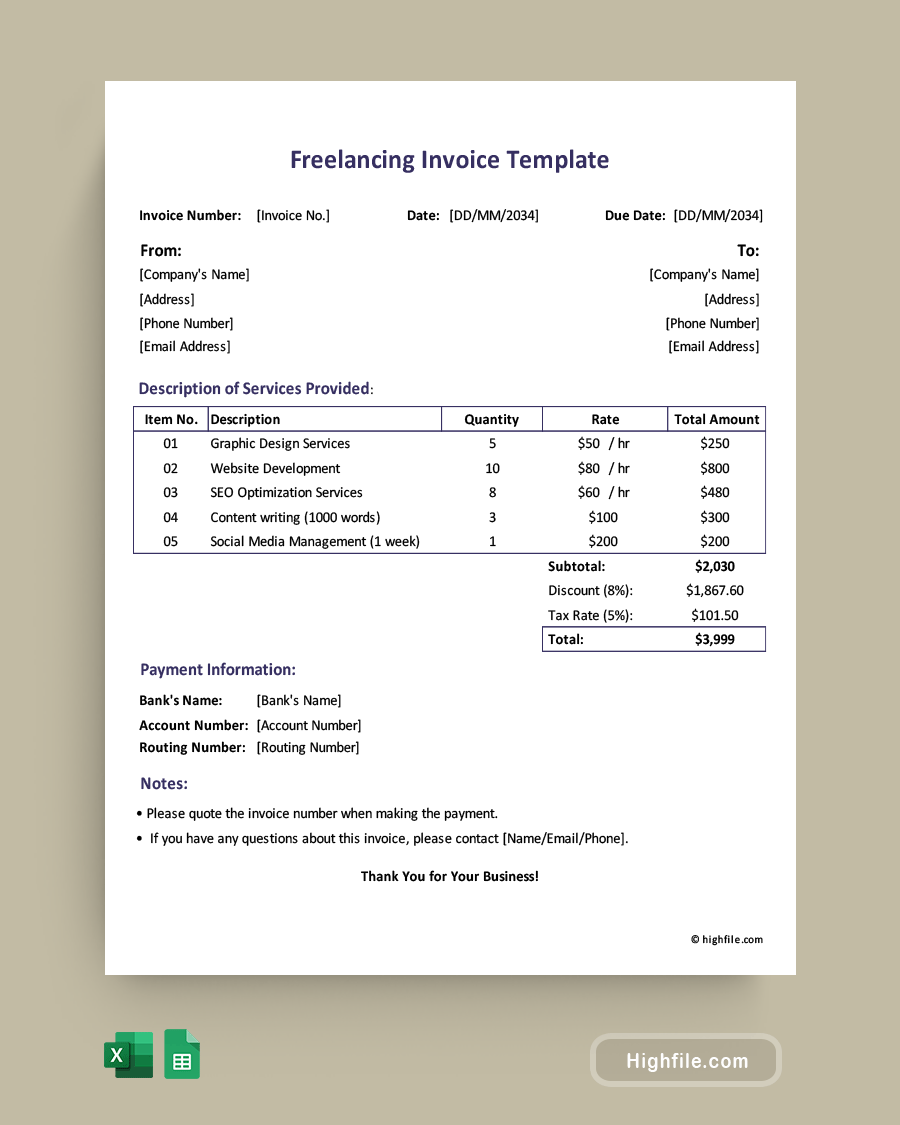 Freelancing Invoice Template - Excel, Google Sheets