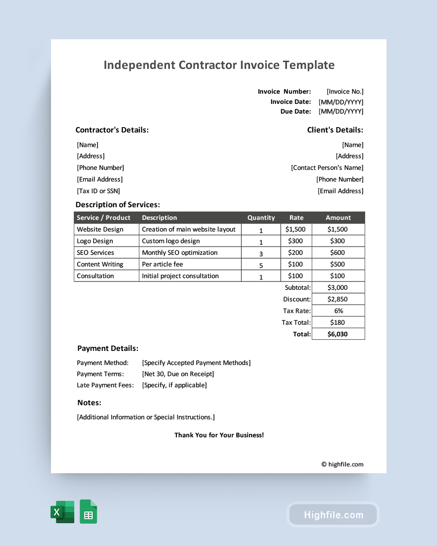 Independent Contractor Invoice Template - Excel, Google Sheets