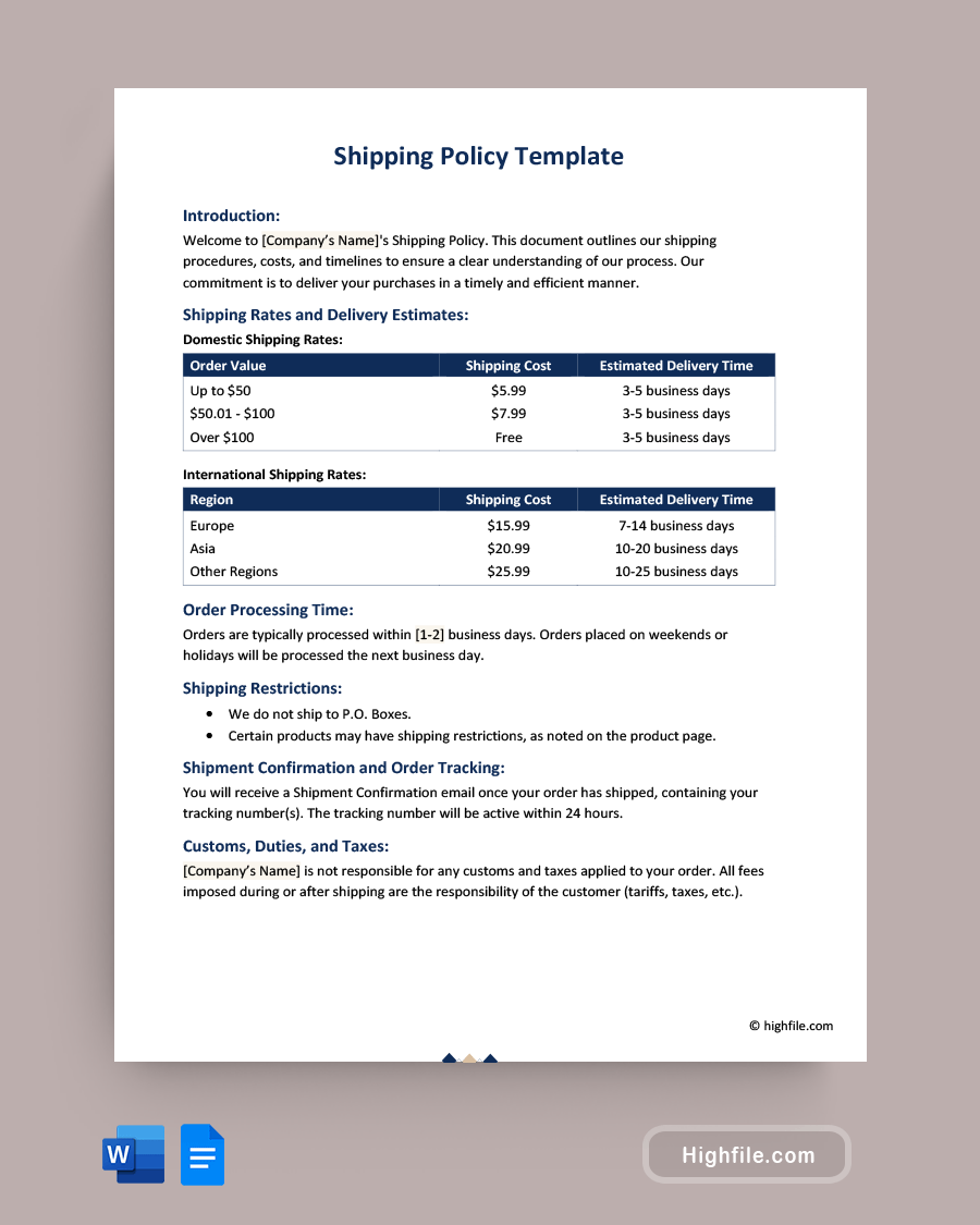 Shipping Policy Template - Word, Google Docs