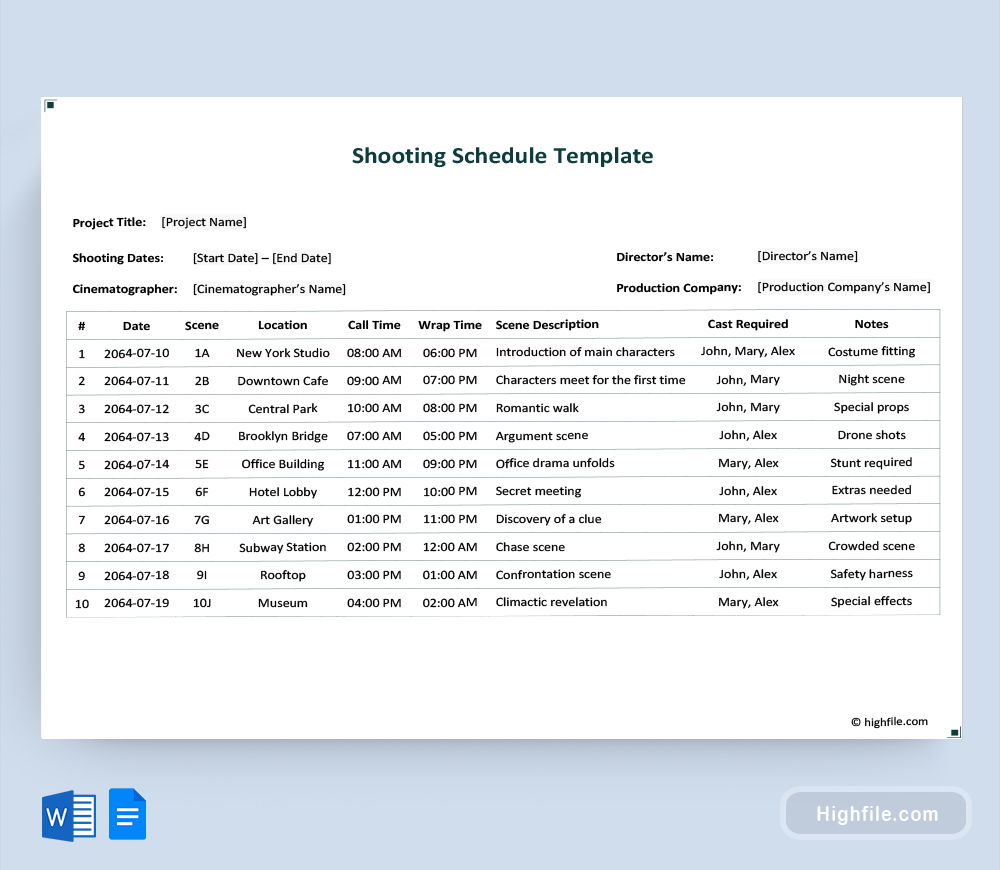 Shooting Schedule Template - Word, Google Docs