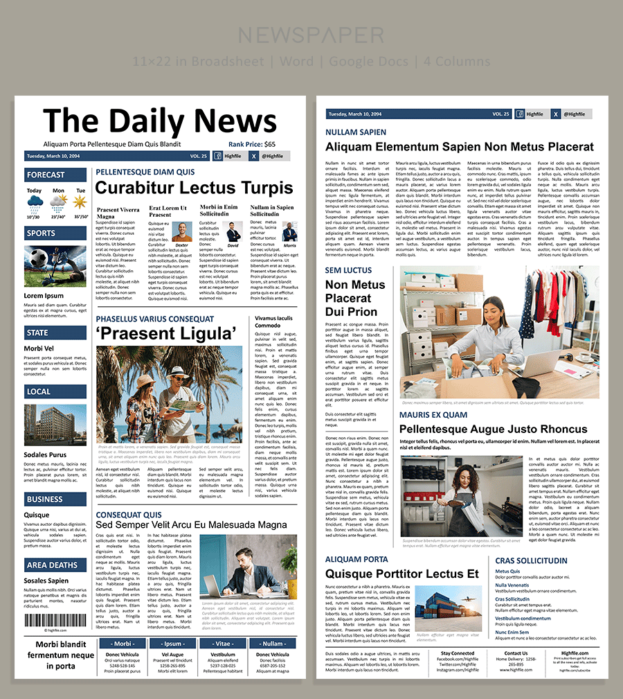 4 Columns Newspaper Front Page Template - Word, Google Docs