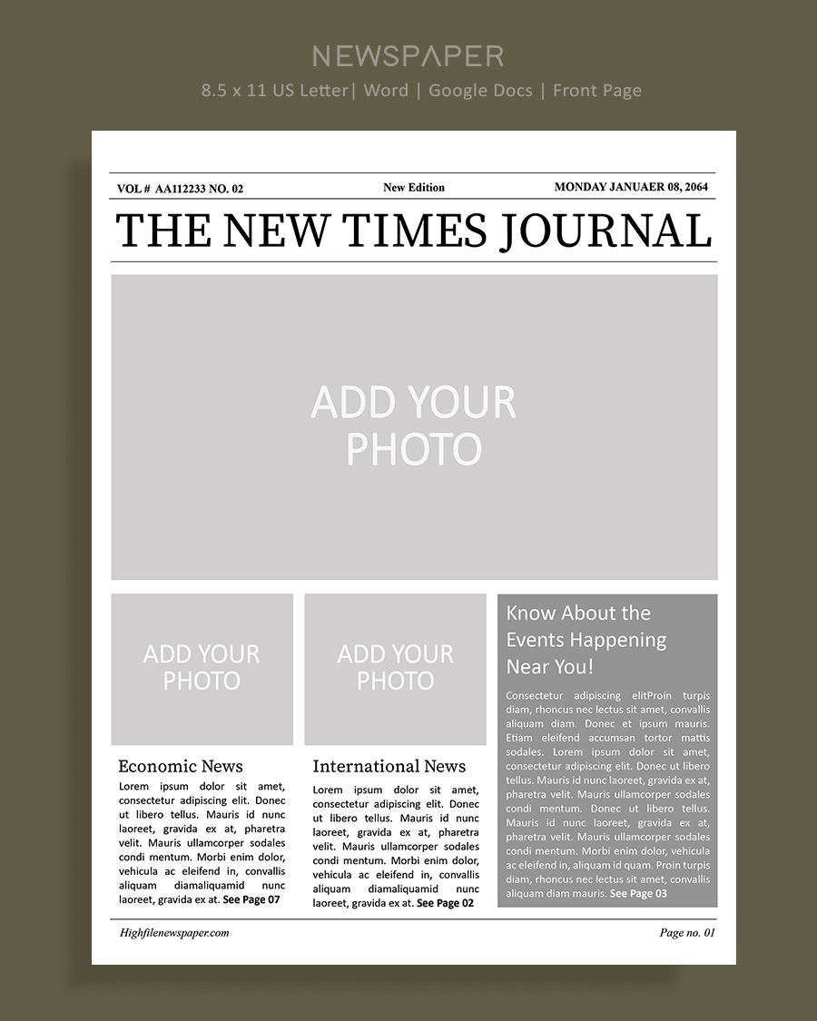 8.5 X 11 Newspaper Front Page Layout Template - Word, Google Docs