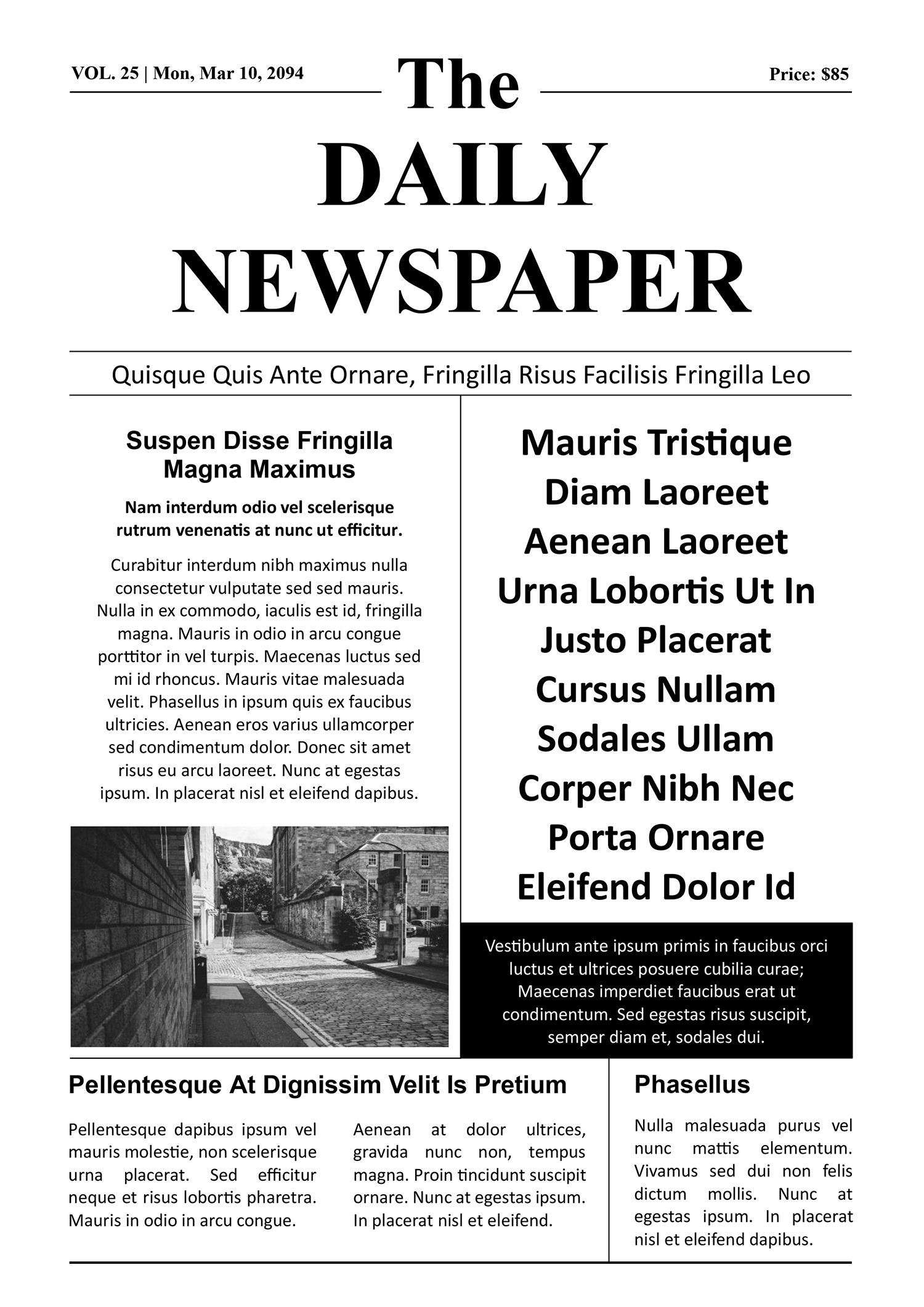 Black and White Newspaper Article Template - Front Page