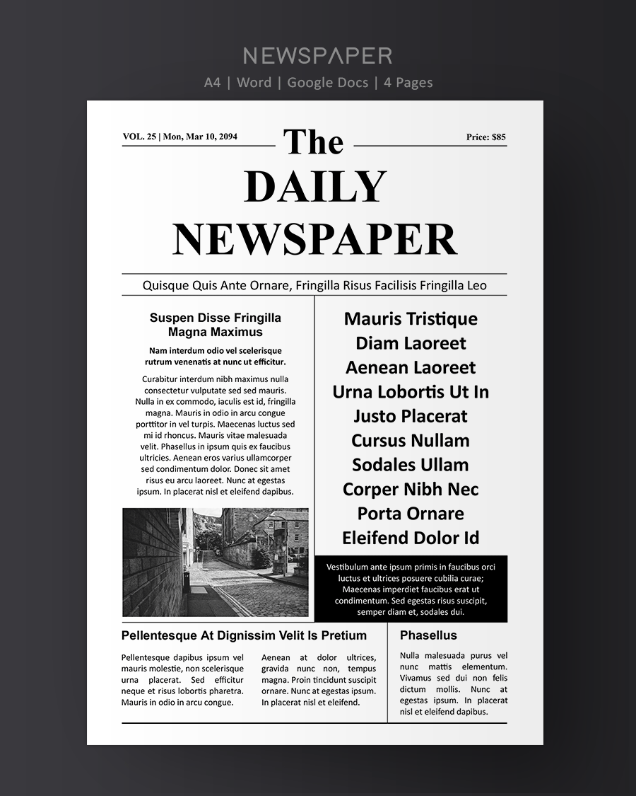Black and White Newspaper Article Template - Word and Google Docs