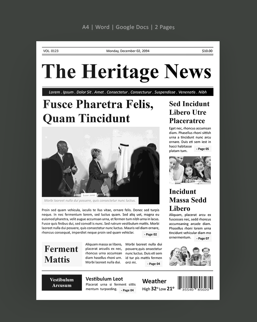 Minimal Black and White Newspaper Front Page Template - Word, Google Docs