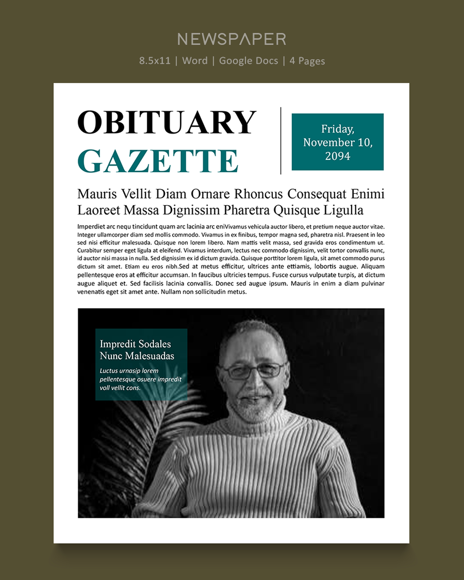 8.5x11 Newspaper Obituary Template - Word, Google Docs