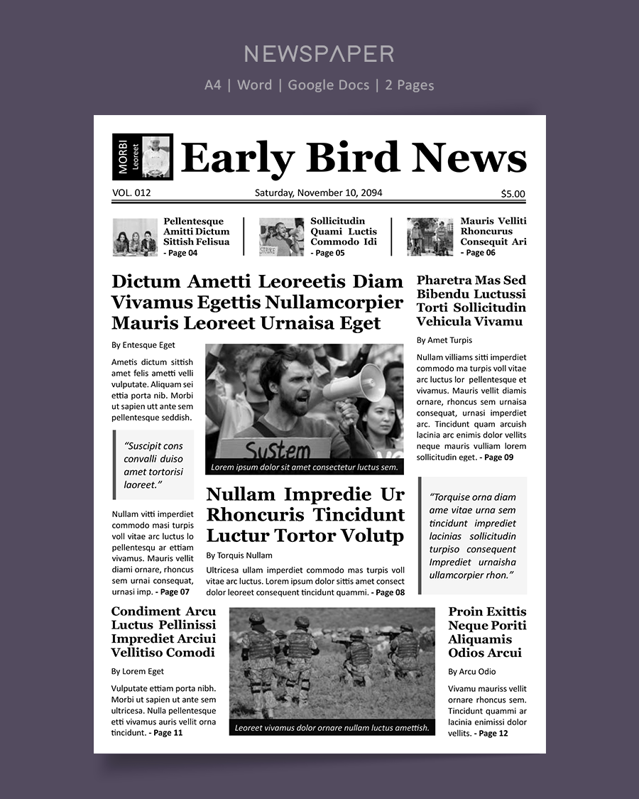 Black and White A4 Newspaper Front Page Template - Word, Google Docs
