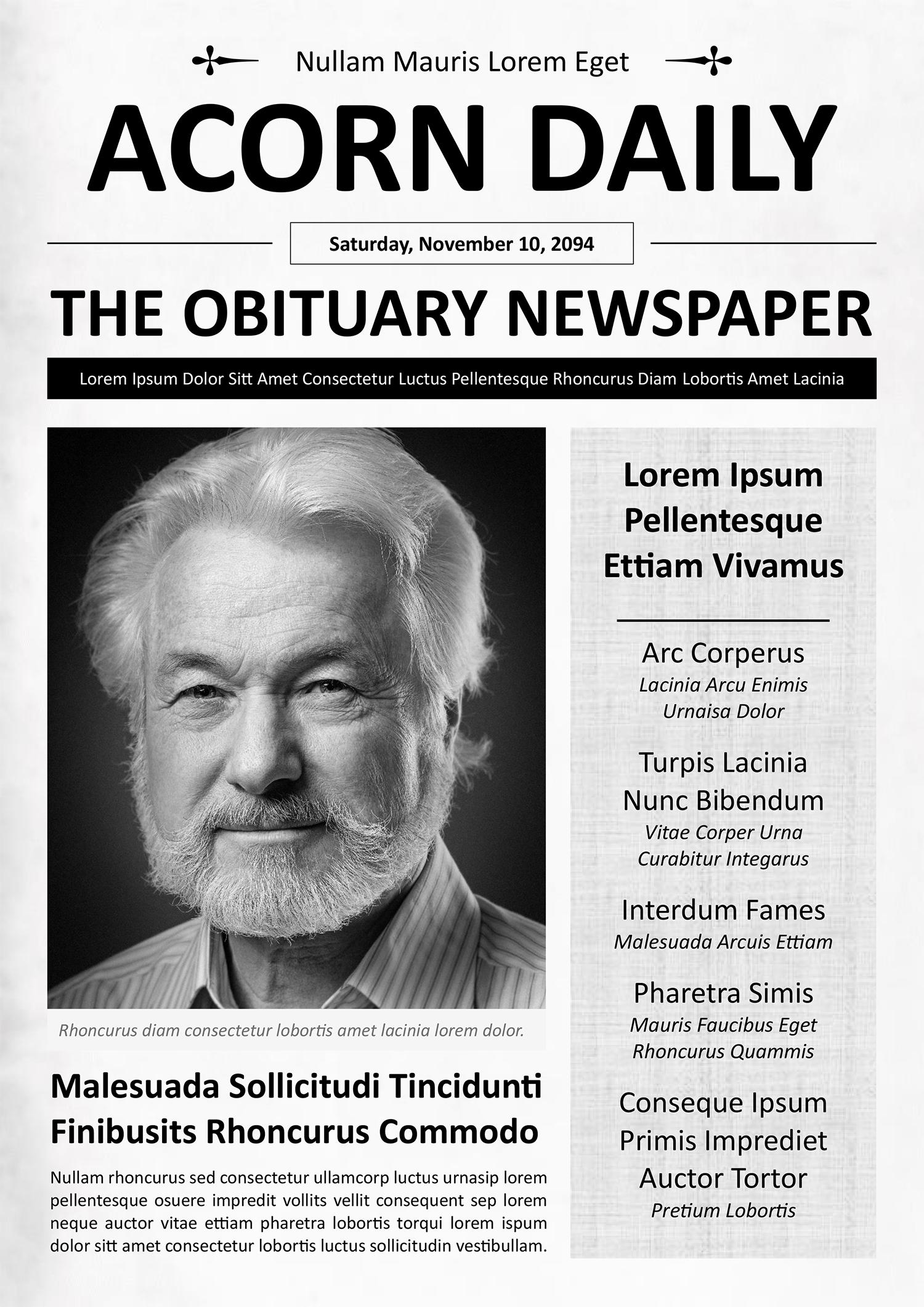 Black and White A4 Newspaper Obituary Template - Page 01
