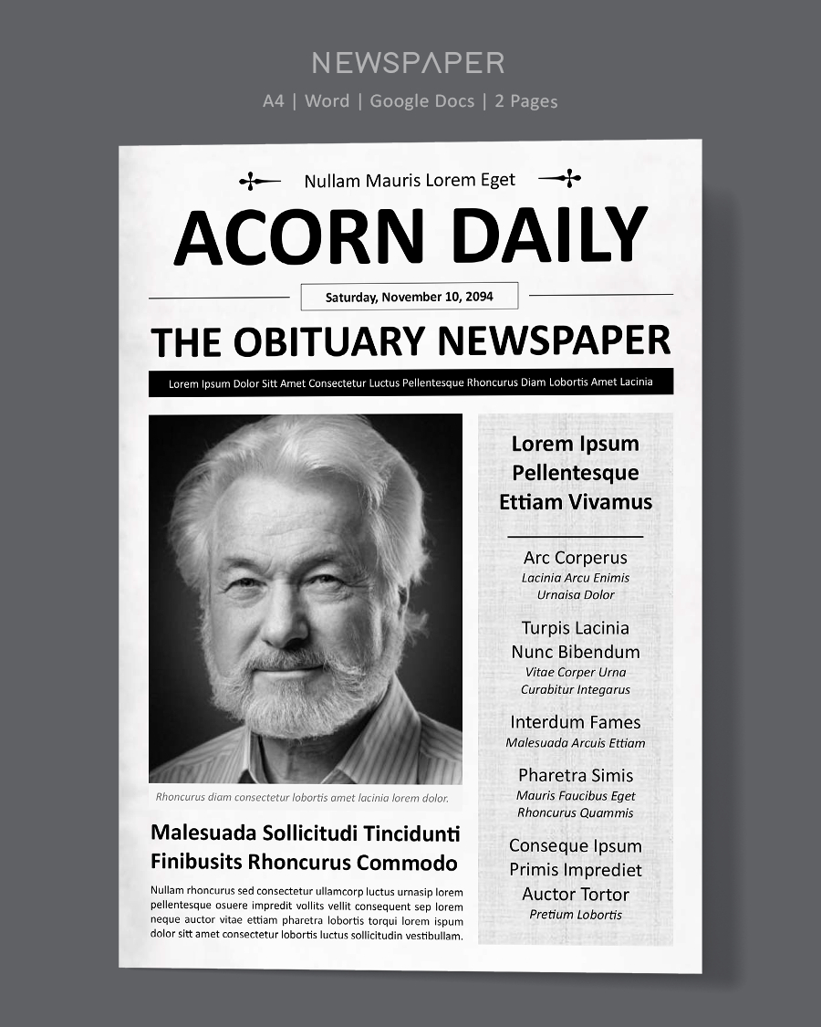 Black and White A4 Newspaper Obituary Template - Word, Google Docs