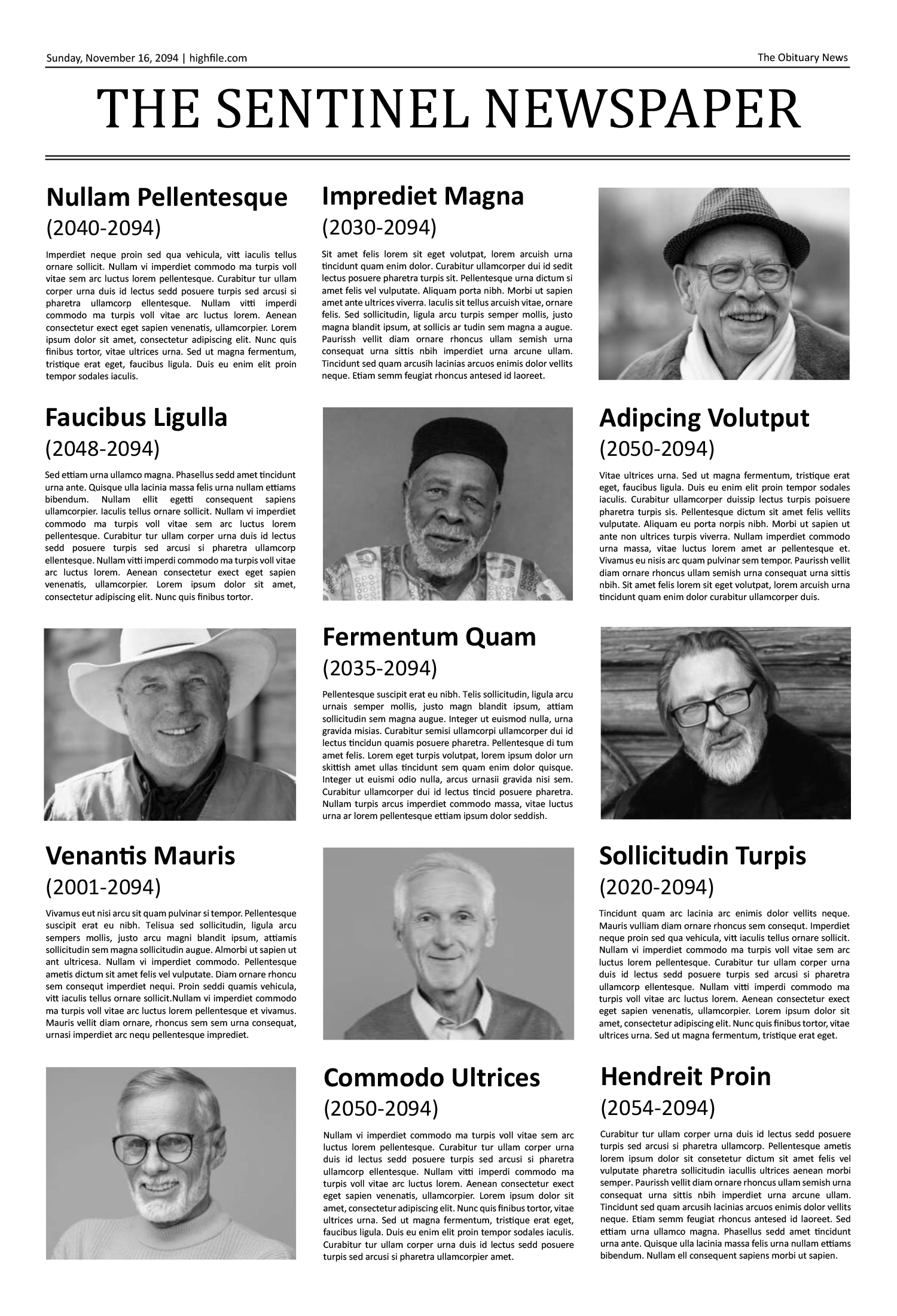 Broadsheet Newspaper Obituary Page Template - Front Page