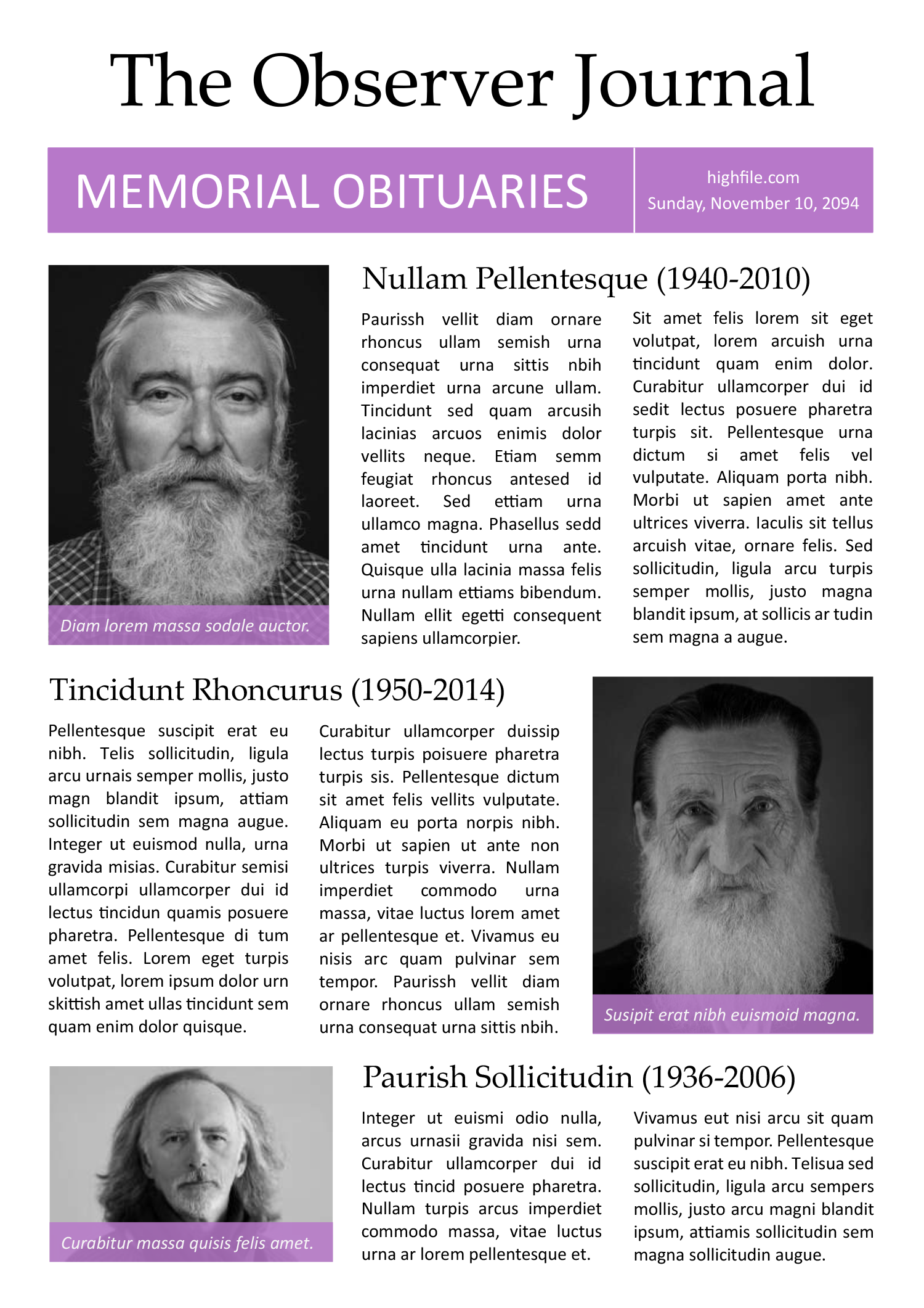 Classic A4 Newspaper Obituary Page Template - Front Page