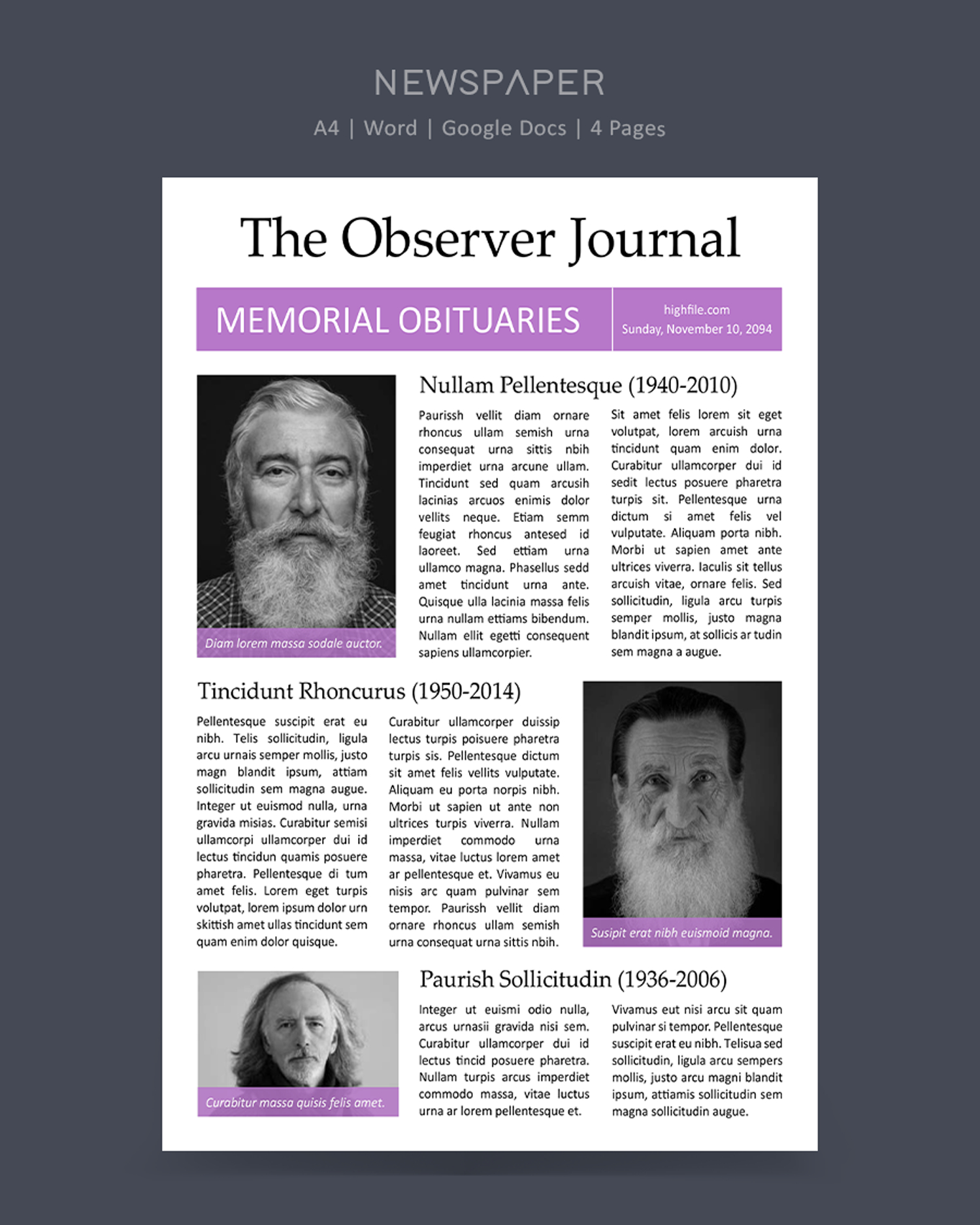 Classic A4 Newspaper Obituary Page Template - Word, Google Docs