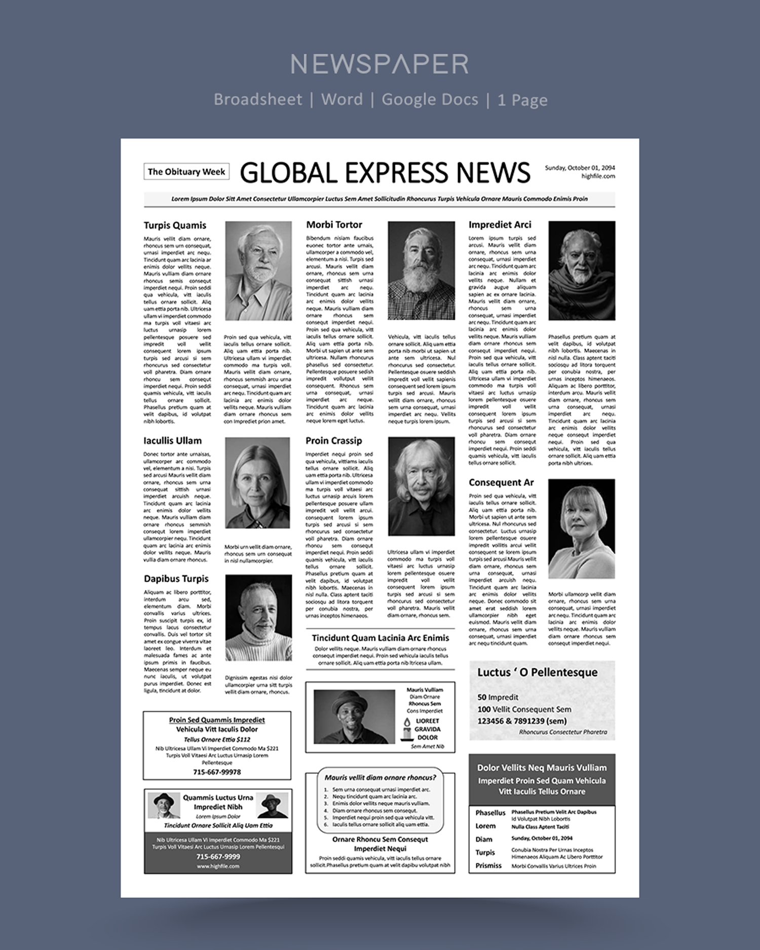 Classic Newspaper Obituary Page Template - Word, Google Docs