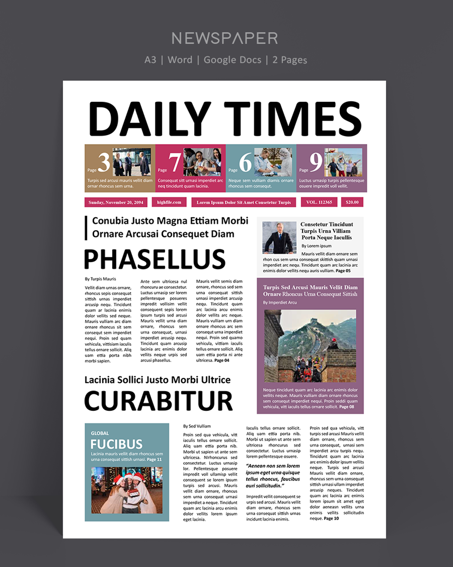 Daily Newspaper Front Page Template - Word, Google Docs